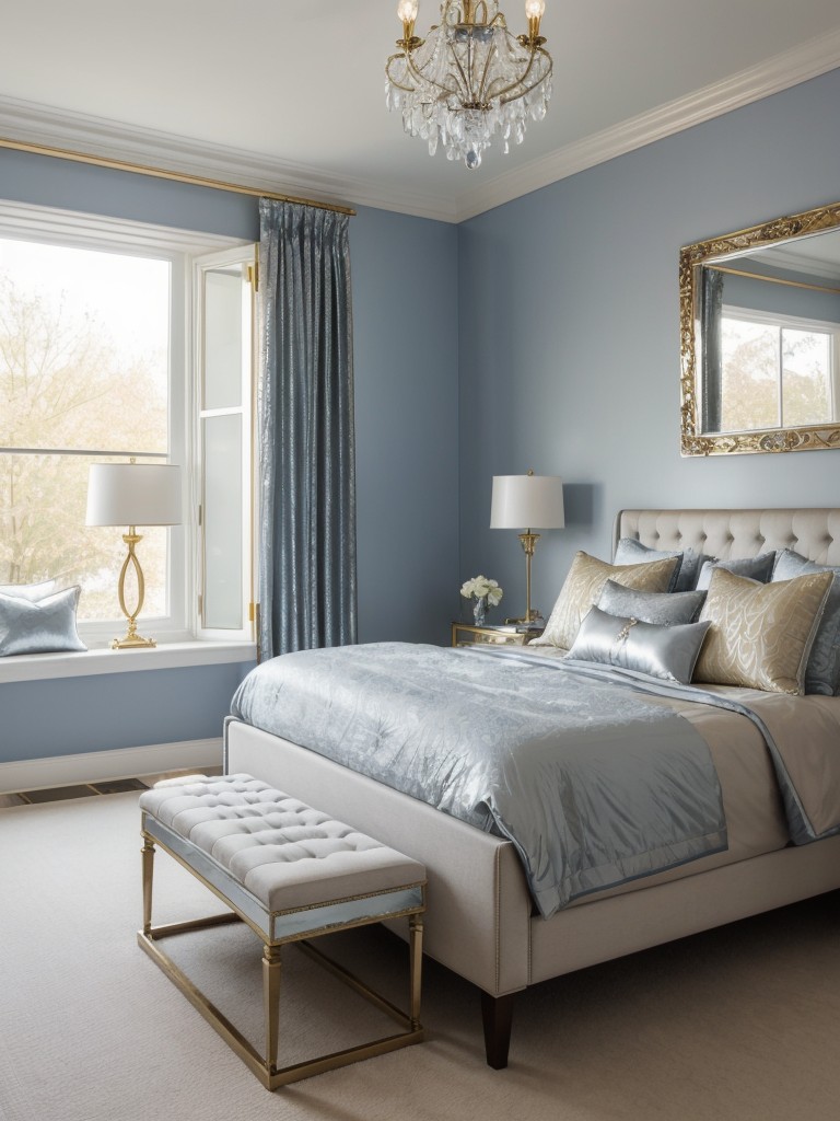 Luxurious Blue Bedroom: Cozy with Metallic Accents!