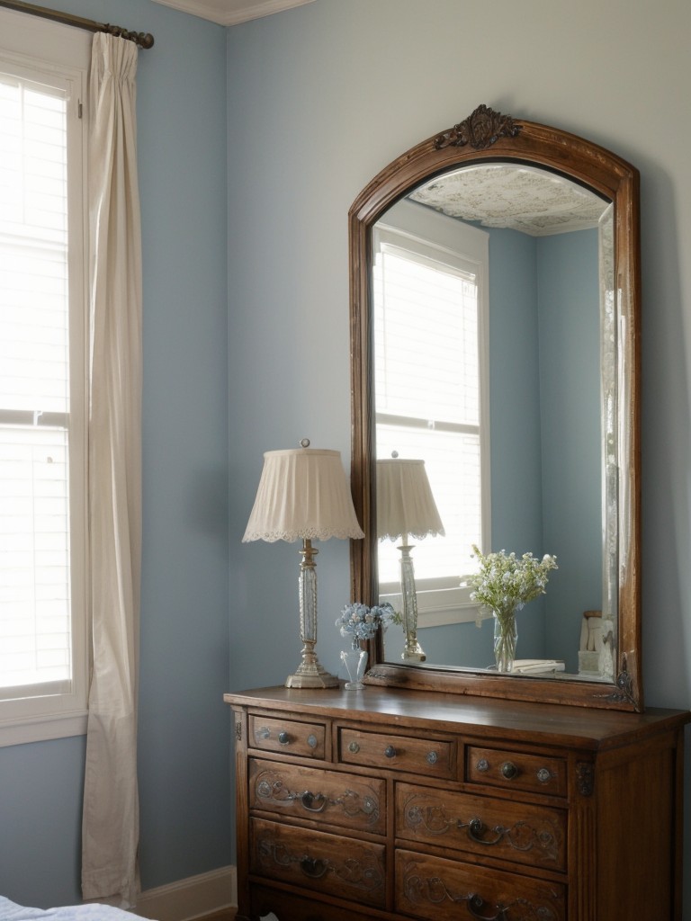 Vintage Blue Bedroom: Distressed Furniture, Ornate Mirrors & Lace Accents.