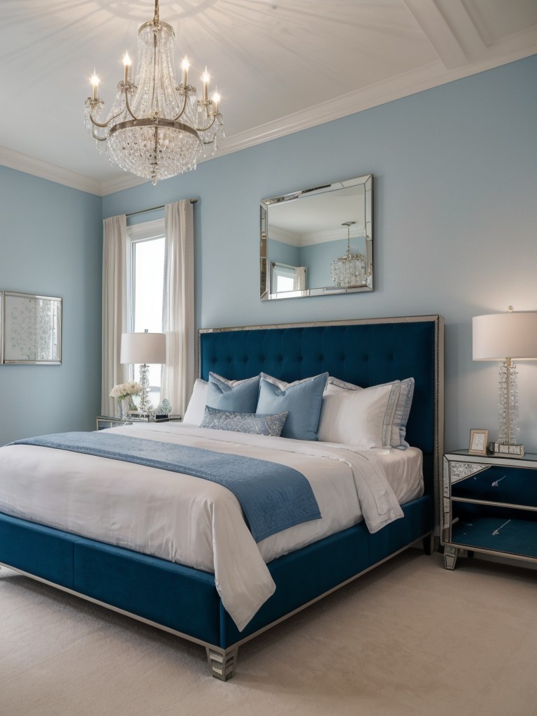 Chic Blue Bedroom: Mirrored Tables & Statement Chandelier!