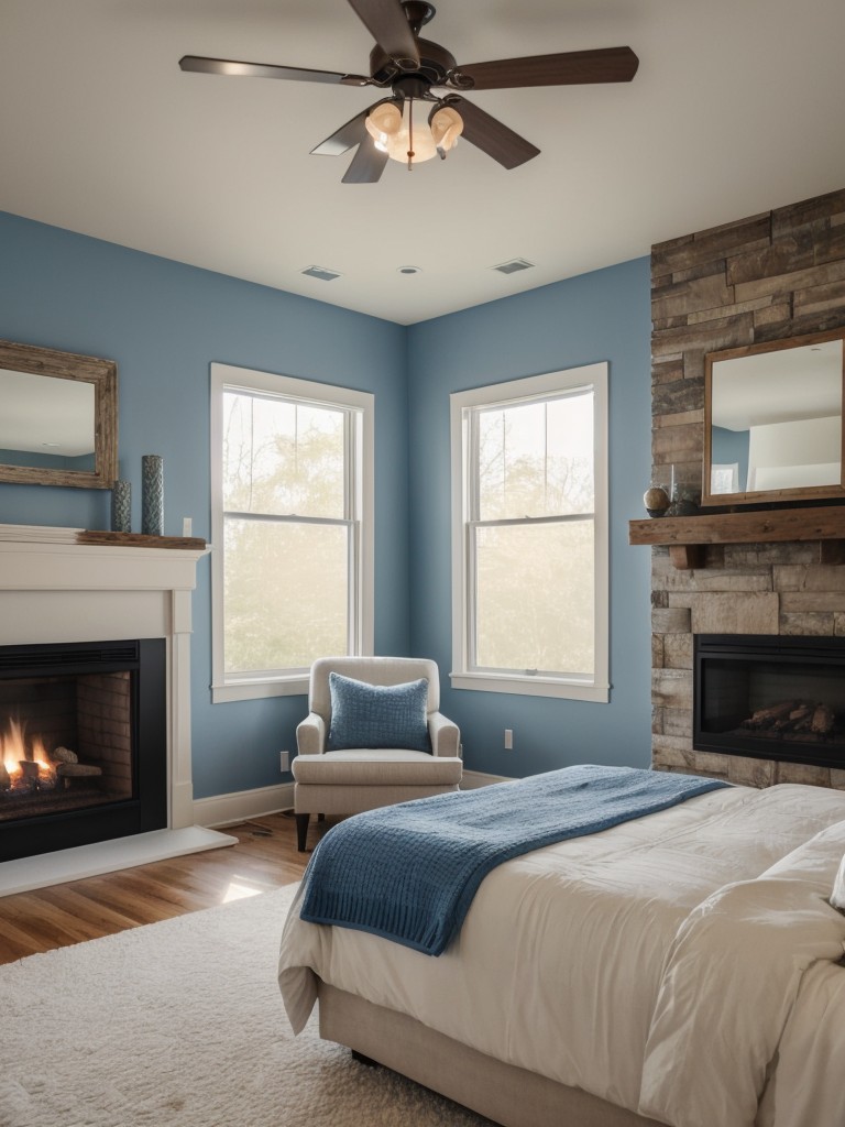 Cozy Blue Bedroom Vibes: Fireplace & Rustic Decor for Warm Apartment