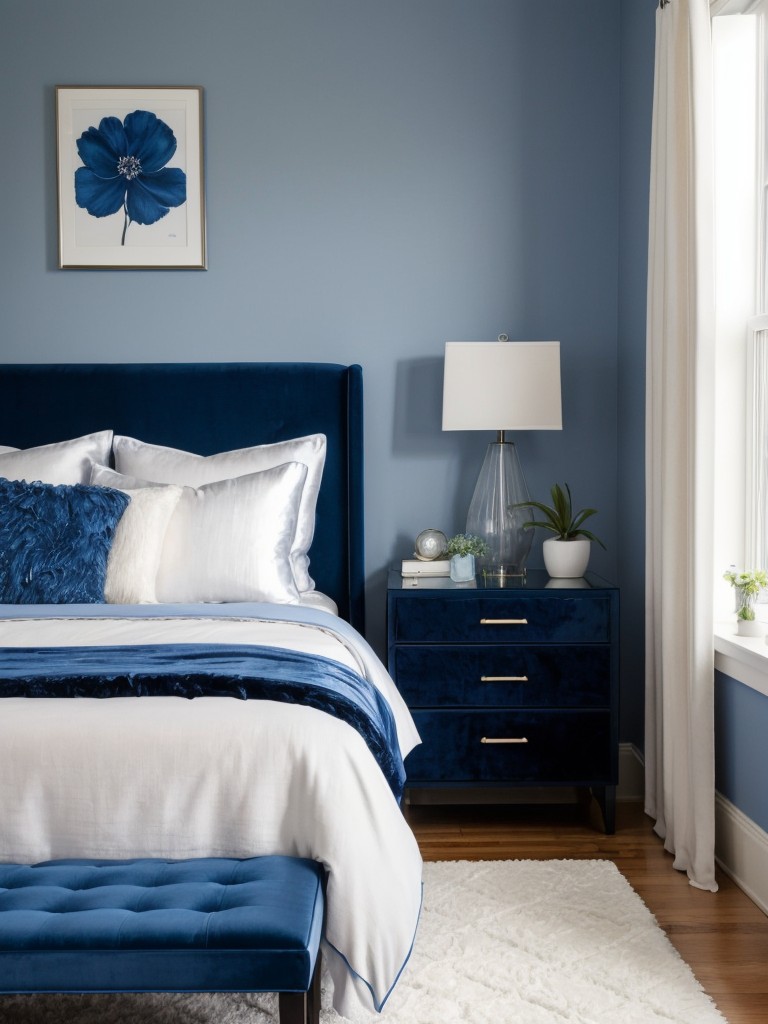 Blue Bliss: Textured Bedroom Design with Velvet Bench & Shag Rug