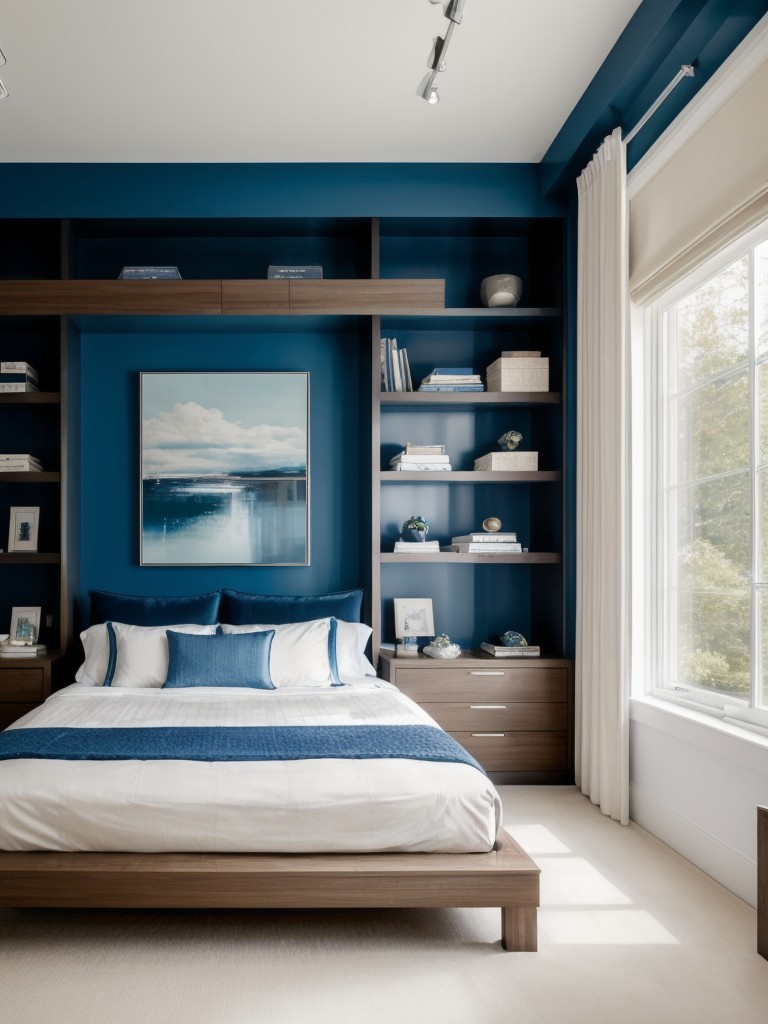 Create a Serene Blue Oasis in Your Bedroom with Built-In Bookshelves!