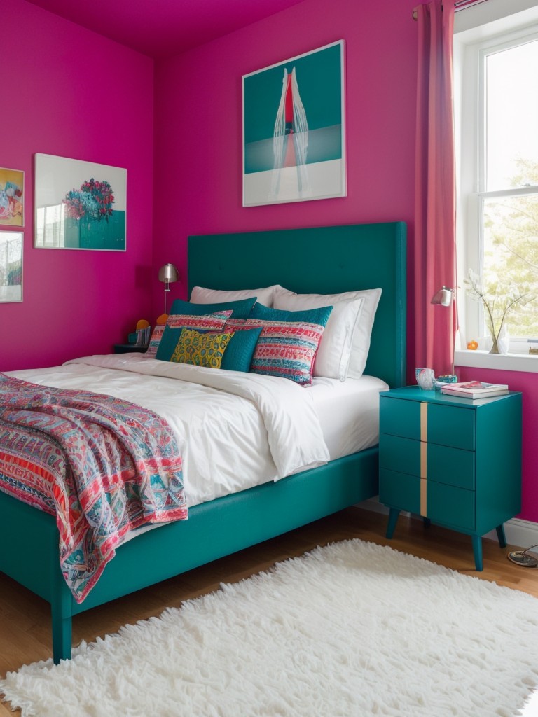 Chic Scandinavian Bedroom Escape: Vibrant Colors & Bold Accents!