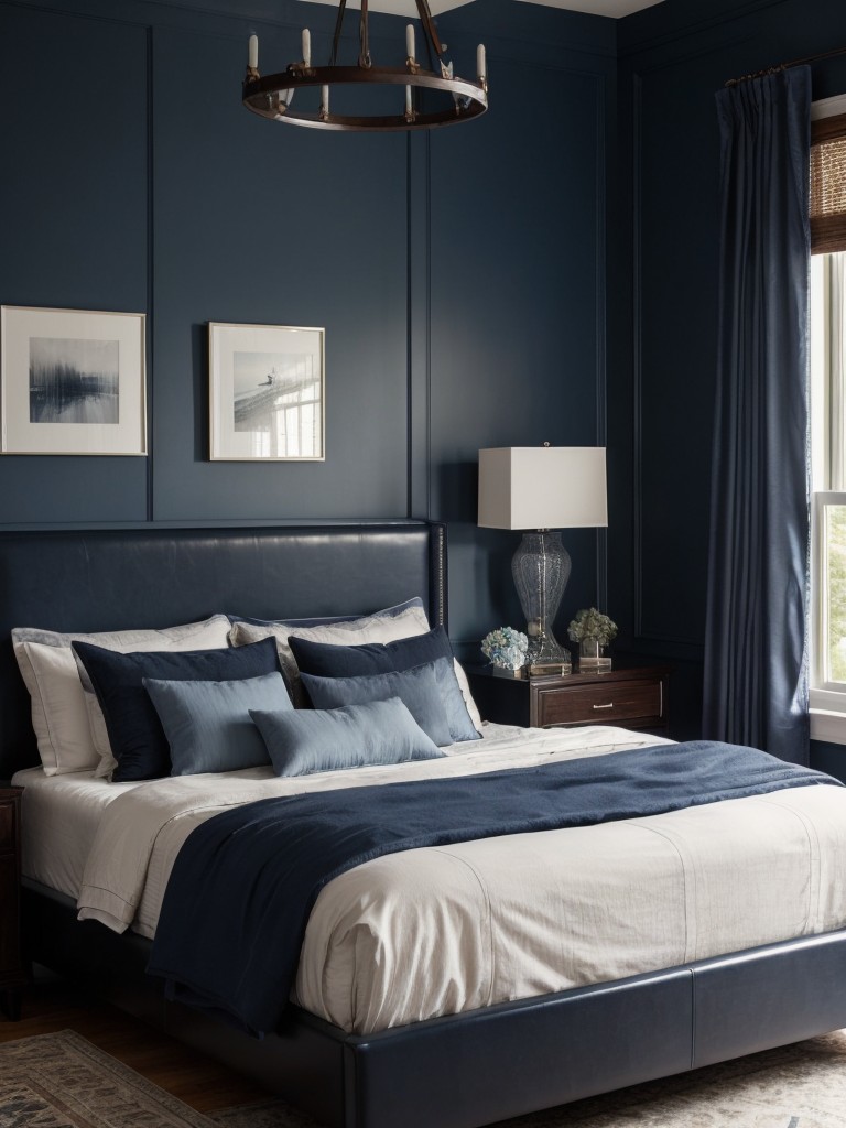 Masculine Blue Bedroom Haven: Dark Wood Furniture & Moody Colors!