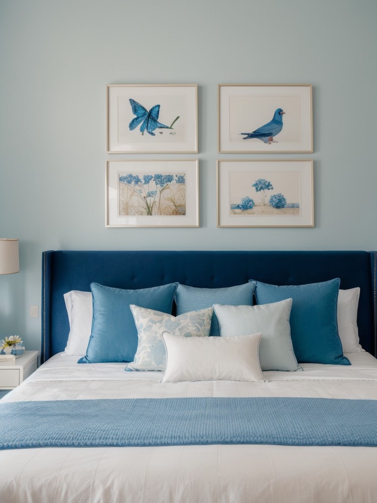 Create a Serene Blue Bedroom with Whimsical Wall Art and Pillows to Relax in Style!