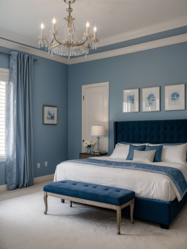 Blue Bedroom Bliss: Find Serenity with Chandelier Elegance!