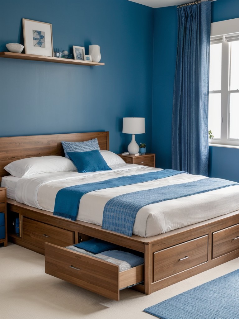 Blissful Blue Bedroom: Stylishly Organized with Built-in Storage!