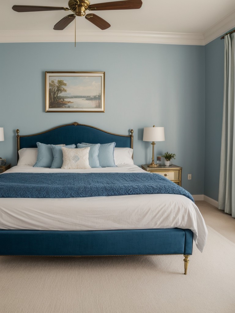 Cozy Vintage Bliss: Embrace Blue Bedroom Magic with Antique Brass Decor!