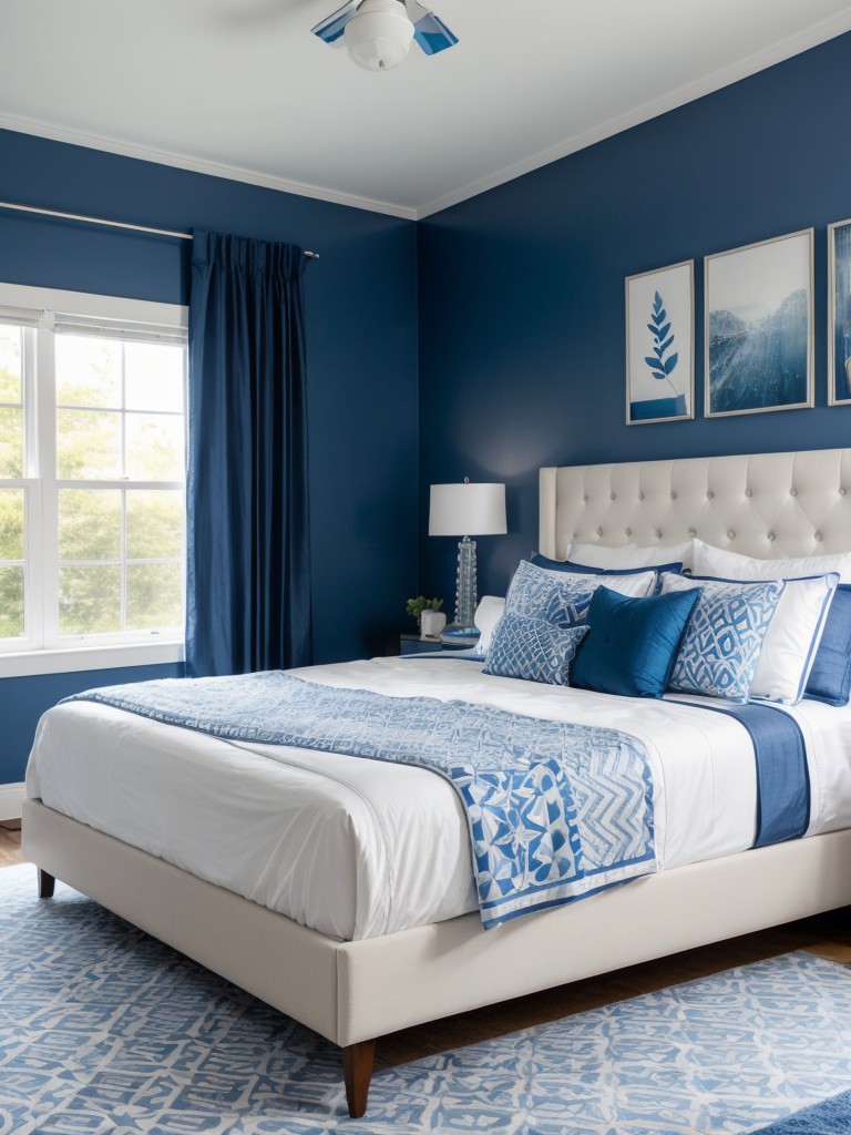 Serene blue bedroom with modern geometric patterns for a stylish and calming retreat!