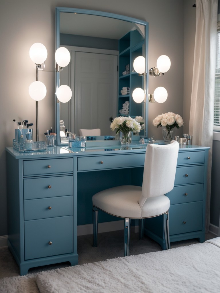 Create a Glam Blue Bedroom with a Functional Makeup Vanity!