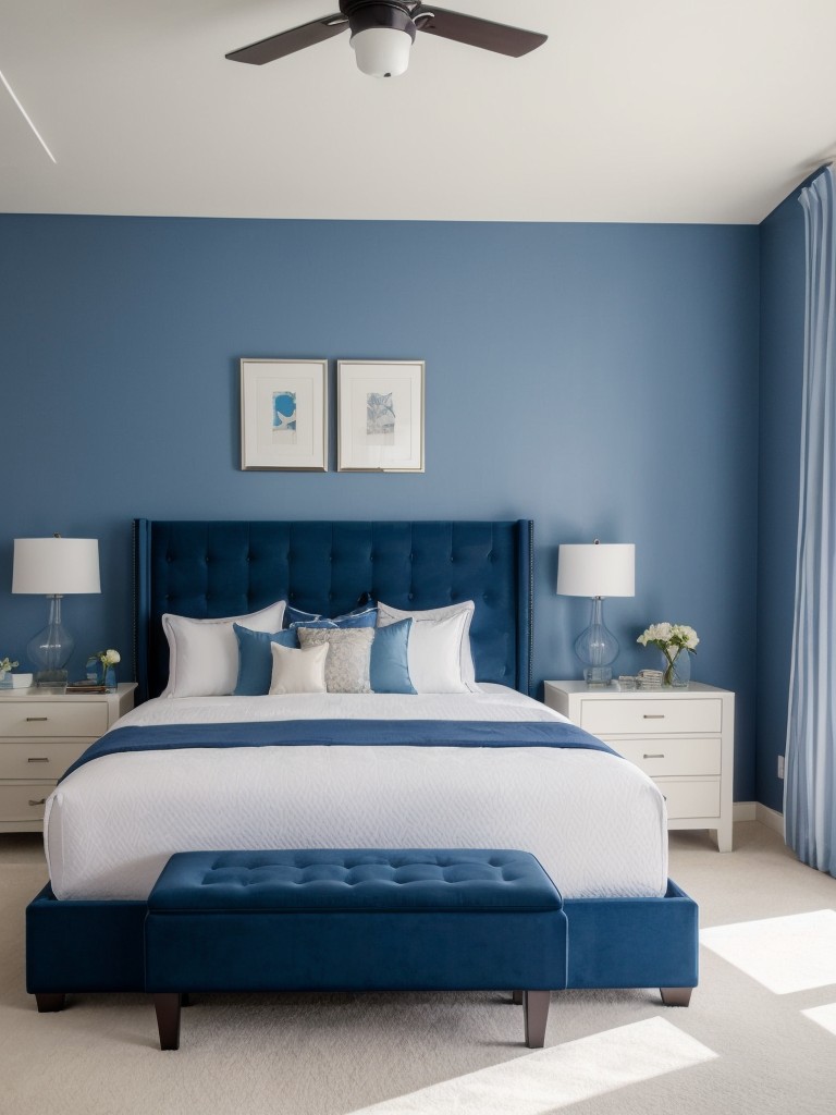 Create a Luxe Blue Bedroom with a Padded Headboard - Blissful Apartment Style!