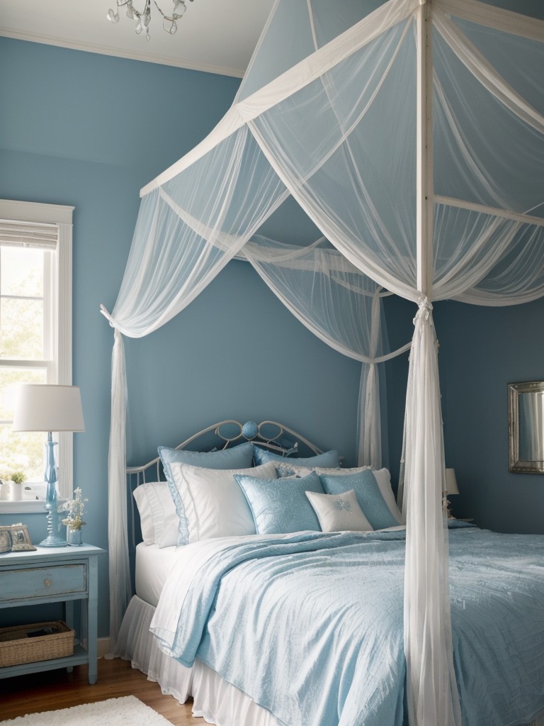 Create a Magical Bedroom with Blue: Canopy Bed, Twinkling Lights & Ethereal Artwork