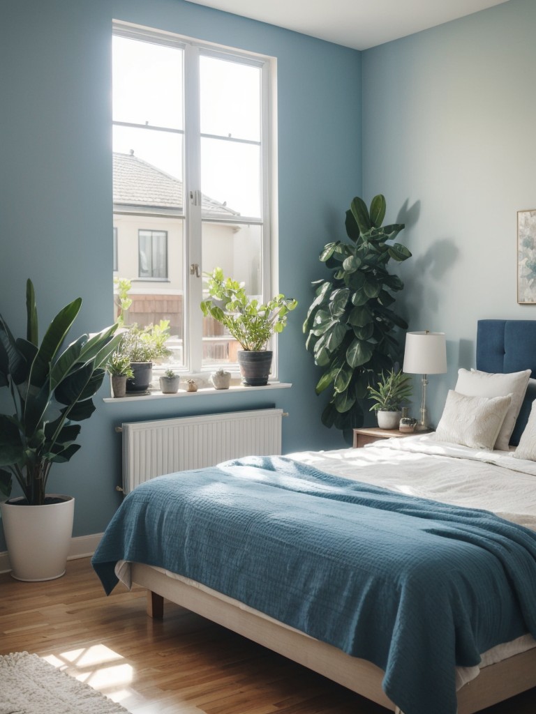 Modern Apartment Bliss: Blue Bedroom with Live Plants