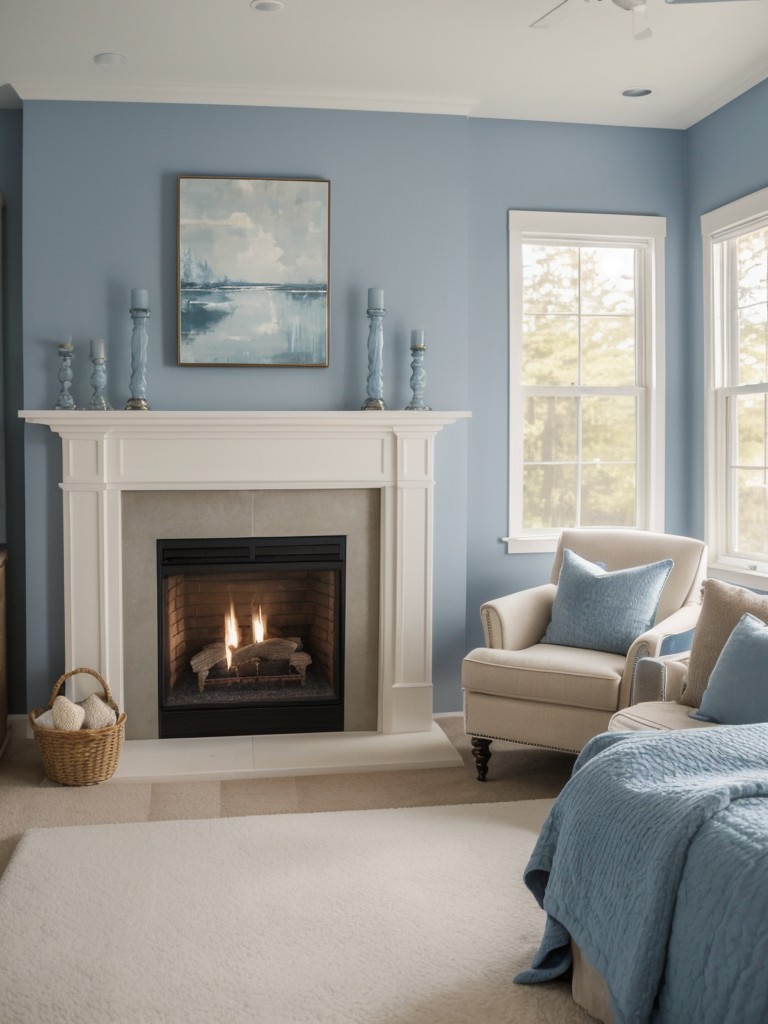 Create a Serene Blue Bedroom Getaway with Cozy Fireplace Vibes!