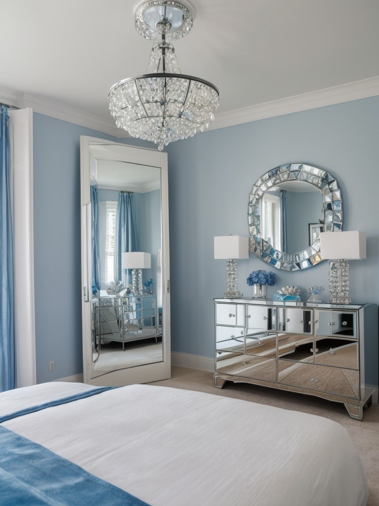 Transform Your Bedroom into a Glamorous Blue Paradise with Mirrored Furniture & Crystal Chandeliers!