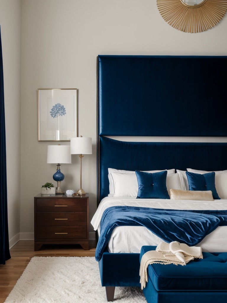 Velvet accents: Transform your bedroom into a luxurious blue paradise.