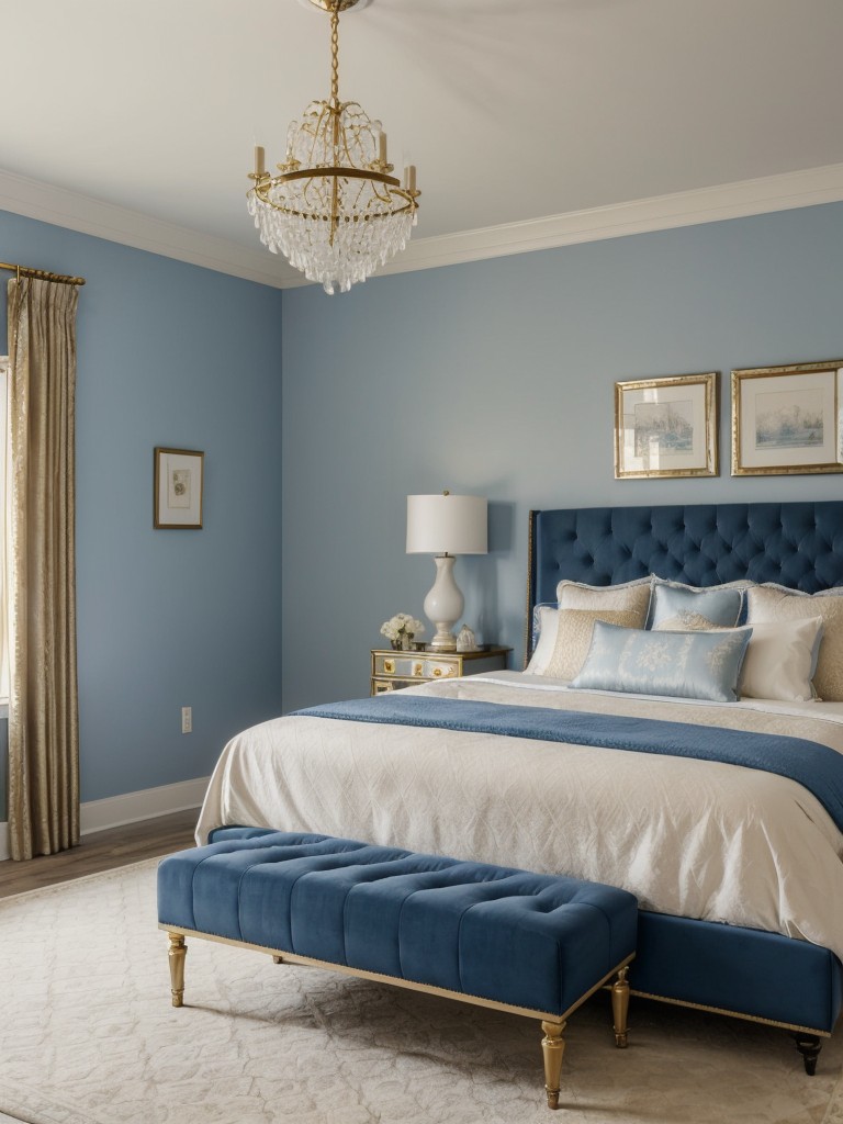 Elegant Blue Bedroom: Tufted Headboard & Gilded Accents