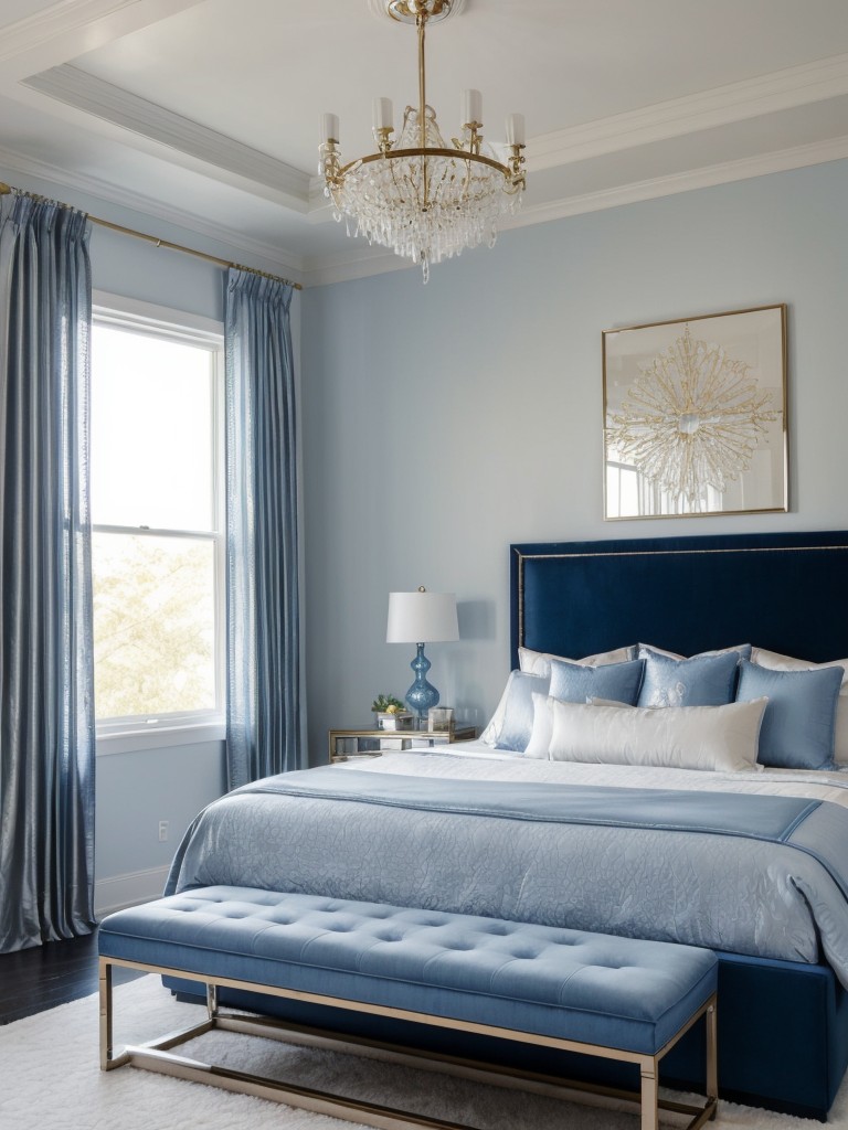 Sophisticated Blue Bedroom: Transform Your Space with a Statement Chandelier & Modern Furniture