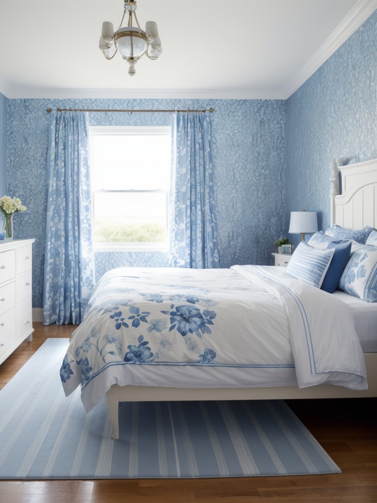 Revamp Your Bedroom with Striped and Floral Blue Wallpaper