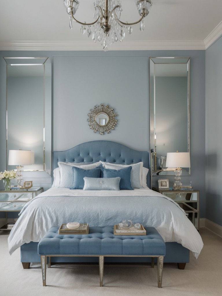 Vintage Glamour Bedroom: Blue Styling with Mirrored Furniture and Crystal Lamps