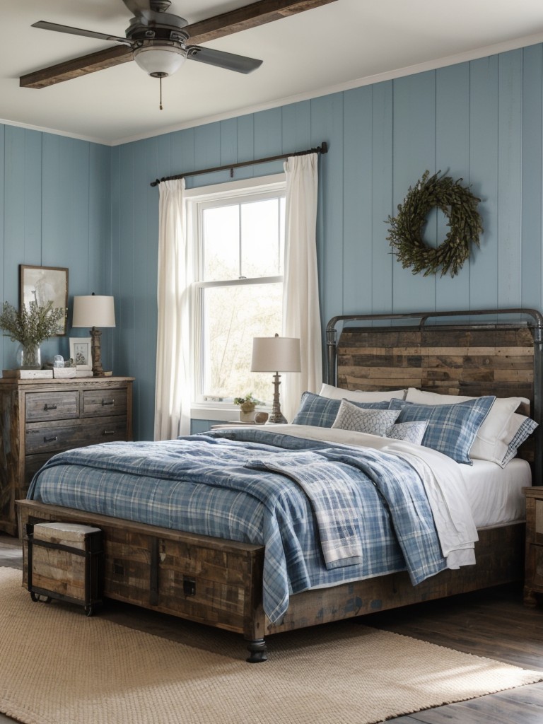 Rustic Farmhouse Vibes: Blue Bedroom Styling with Distressed Wood & Galvanized Metal!