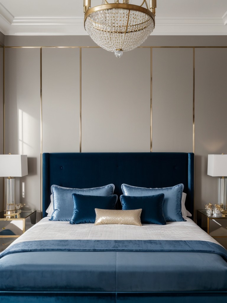 Get Glamorous with Velvet and Metallic Accents in a Blue Bedroom