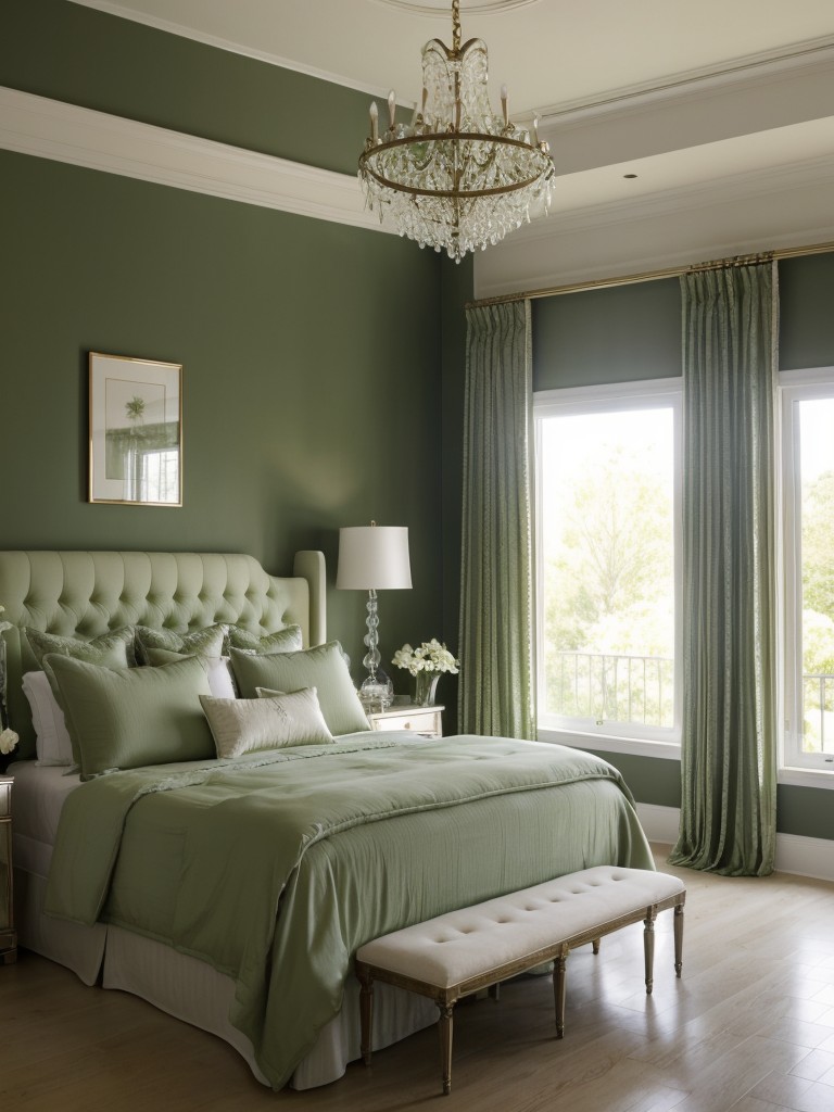 Serene Green Bedroom Retreat: Create a Chic Oasis with a Statement Chandelier!