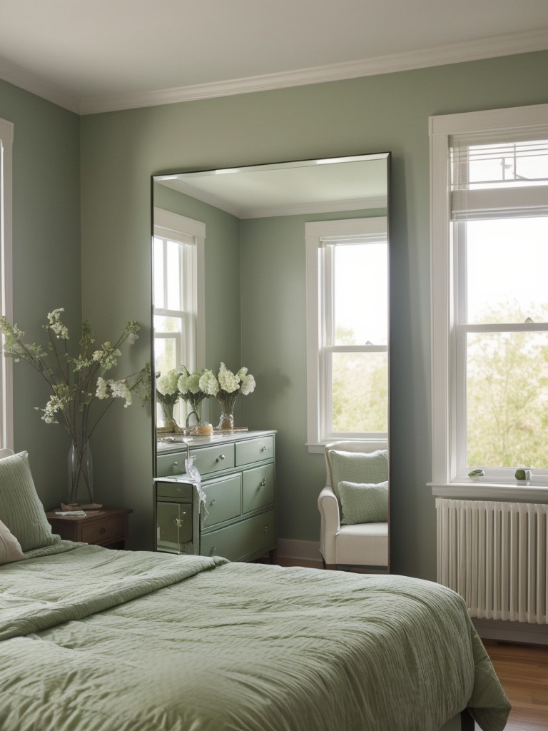 Nature-inspired Green Bedroom: Maximize Space & Light with Mirrors