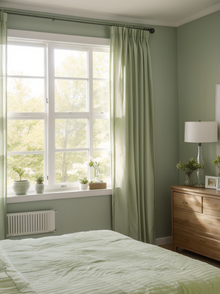 Green Bedroom Bliss: Elevate your Apartment with Natural Light and Serene Décor!