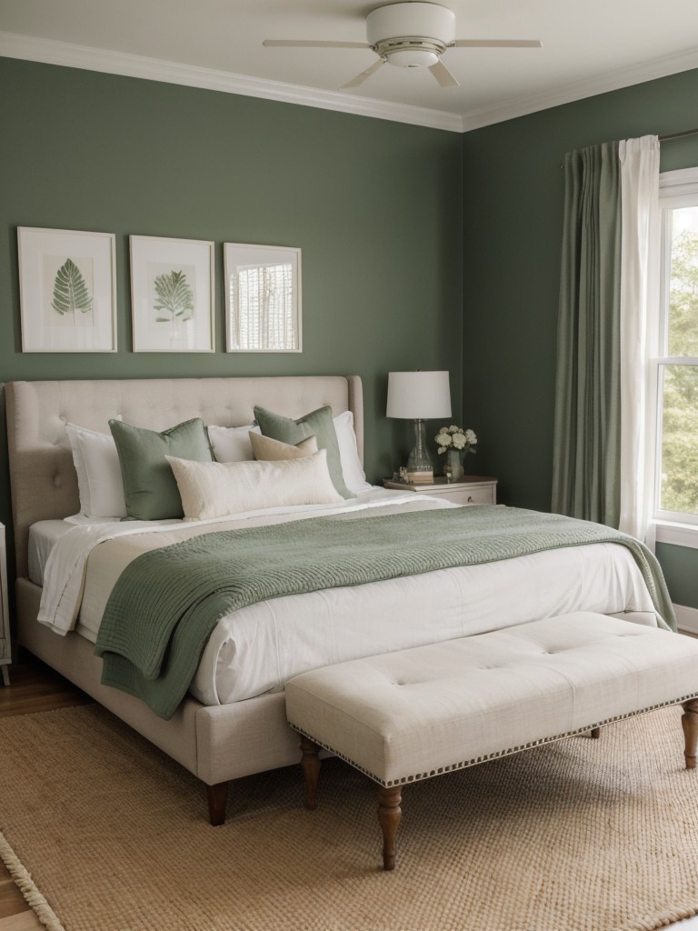 Green bedroom oasis: Cozy up with a plush area rug!