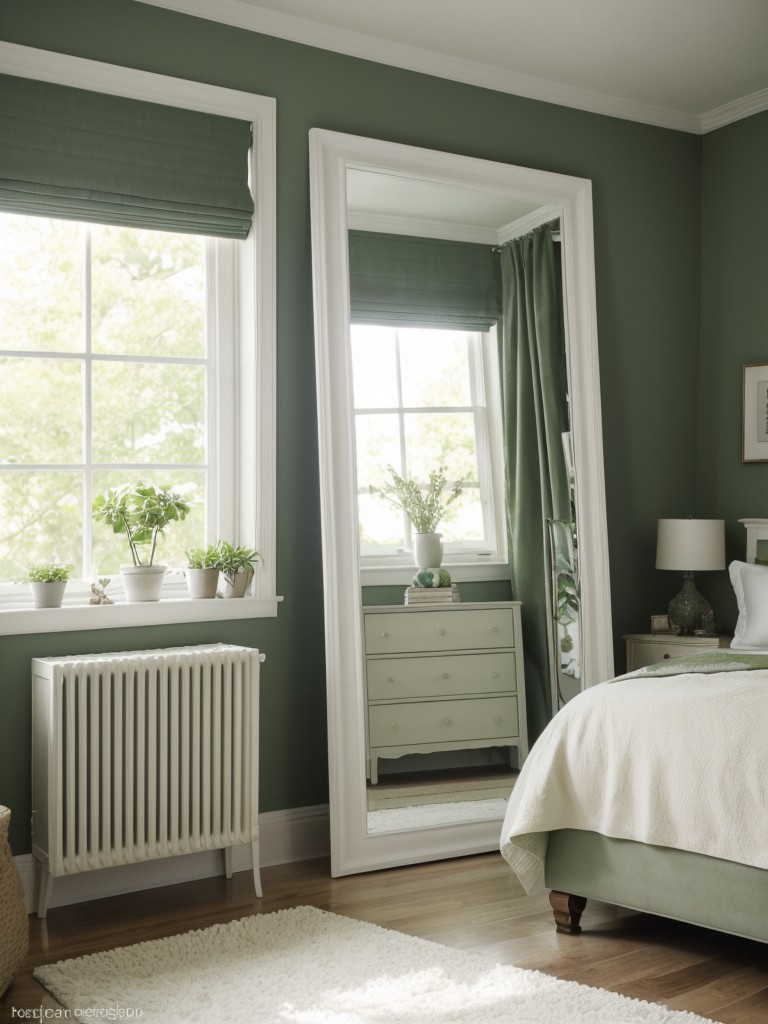 Elevate Your Apartment with Green Bedroom Decor & Space-Expanding Mirrors!