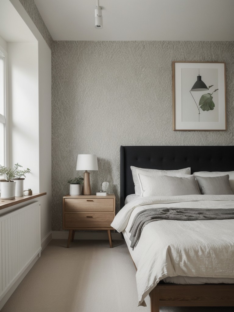 Cozy Scandinavian Bedroom: Elevate with Textured Wallpaper & Nature-Inspired Statement Wall