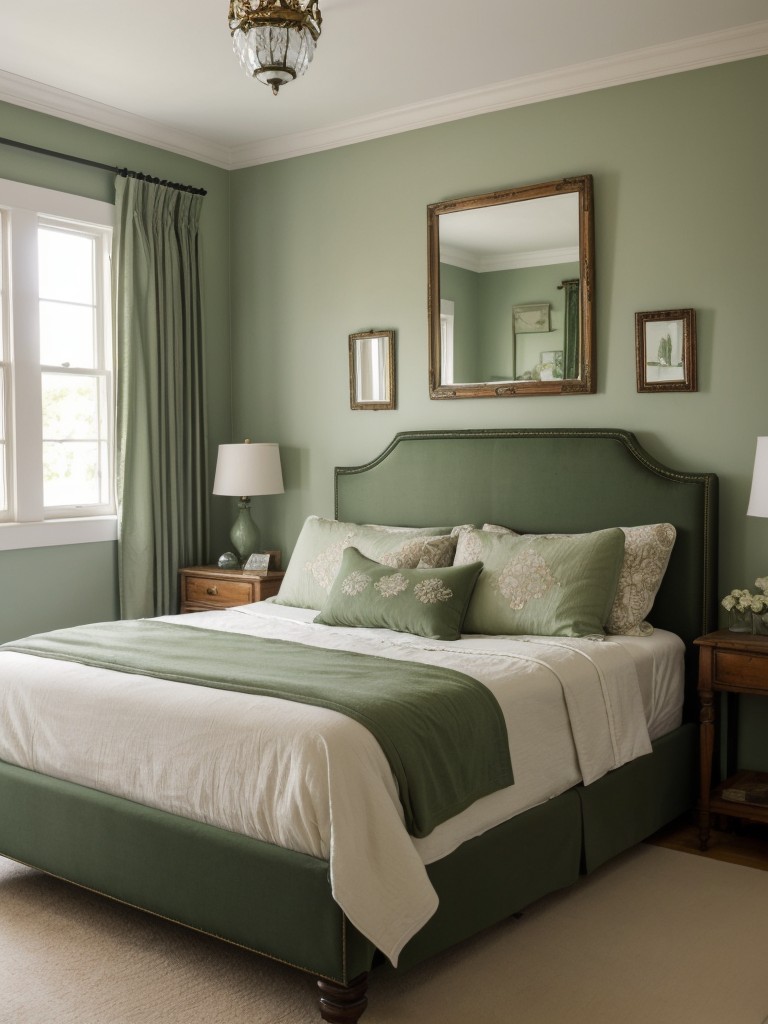 Vintage-inspired green bedroom décor for a harmonious apartment.