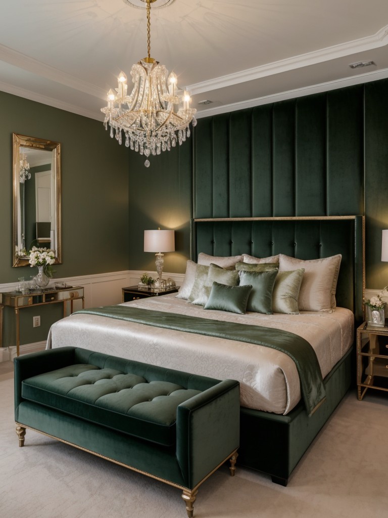 Luxurious Green Bedroom: Plush Bedding and Crystal Chandelier!