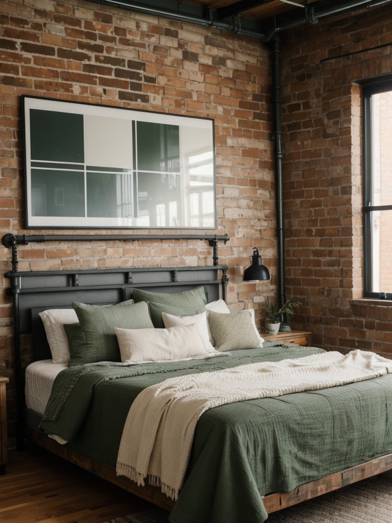 Green Urban Bedroom: Industrial Chic with Exposed Brick & Reclaimed Wood!