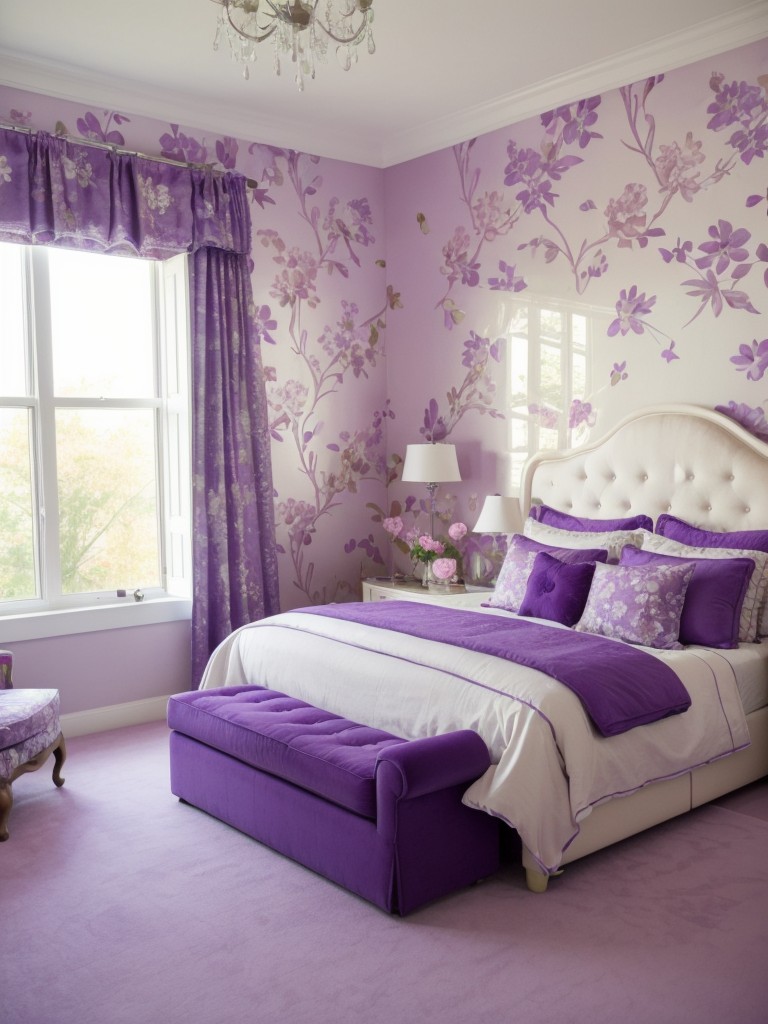 Whimsical Purple Apartment Décor: Floral Wallpaper & Playful Accents