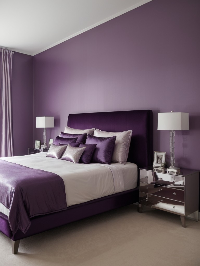 Luxe Purple Bedroom Inspiration: Plum Focal Wall, Silver Accents, Satin Bedding