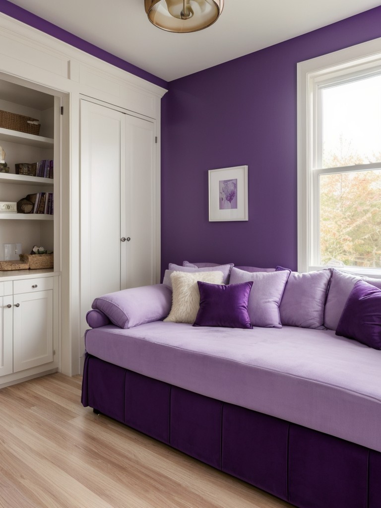 Cozy Purple Bedroom Retreat: Plush Cushions & Relaxing Nook!