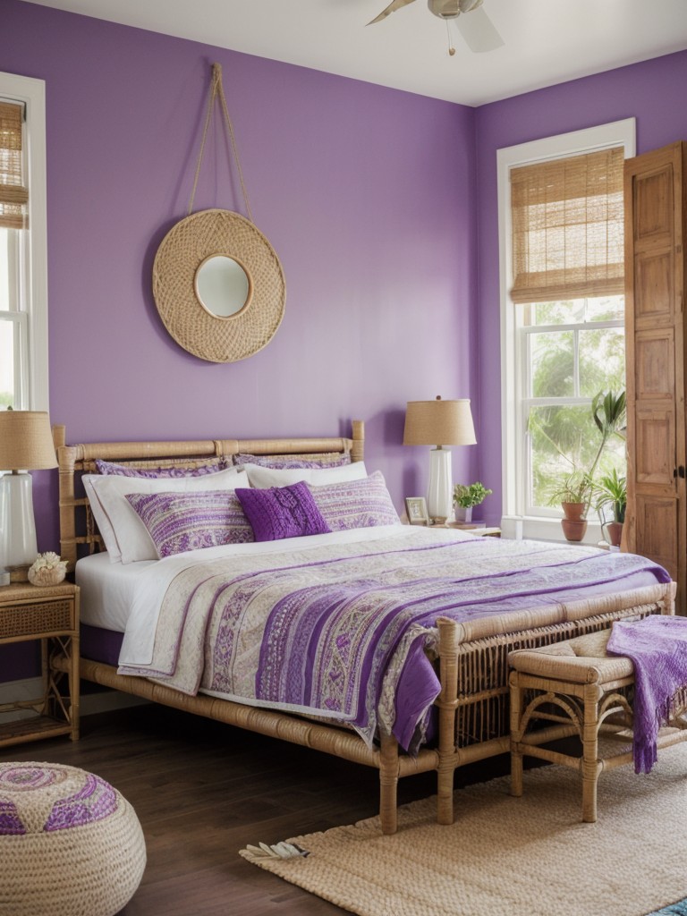 Eclectic Boho Purple Bedroom: Layered Patterns & Global Textiles