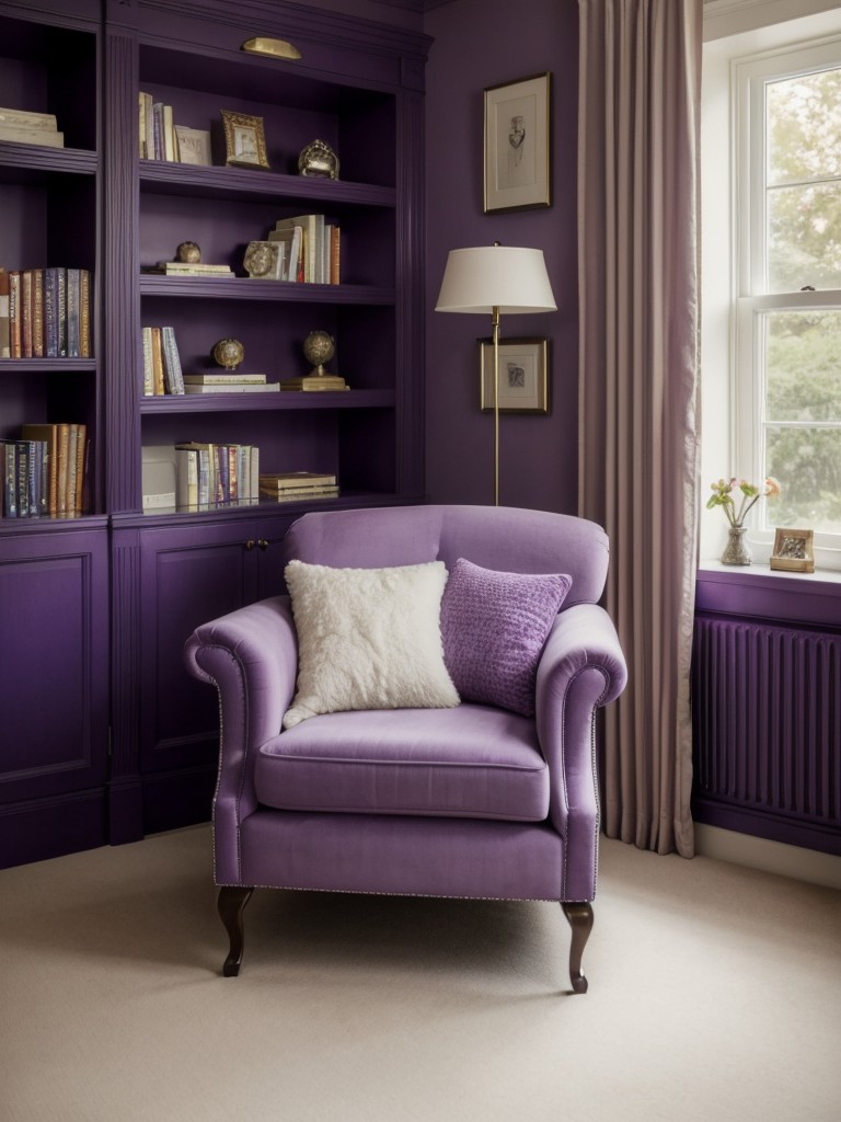 Cozy apartment reading nook with purple bedroom inspiration