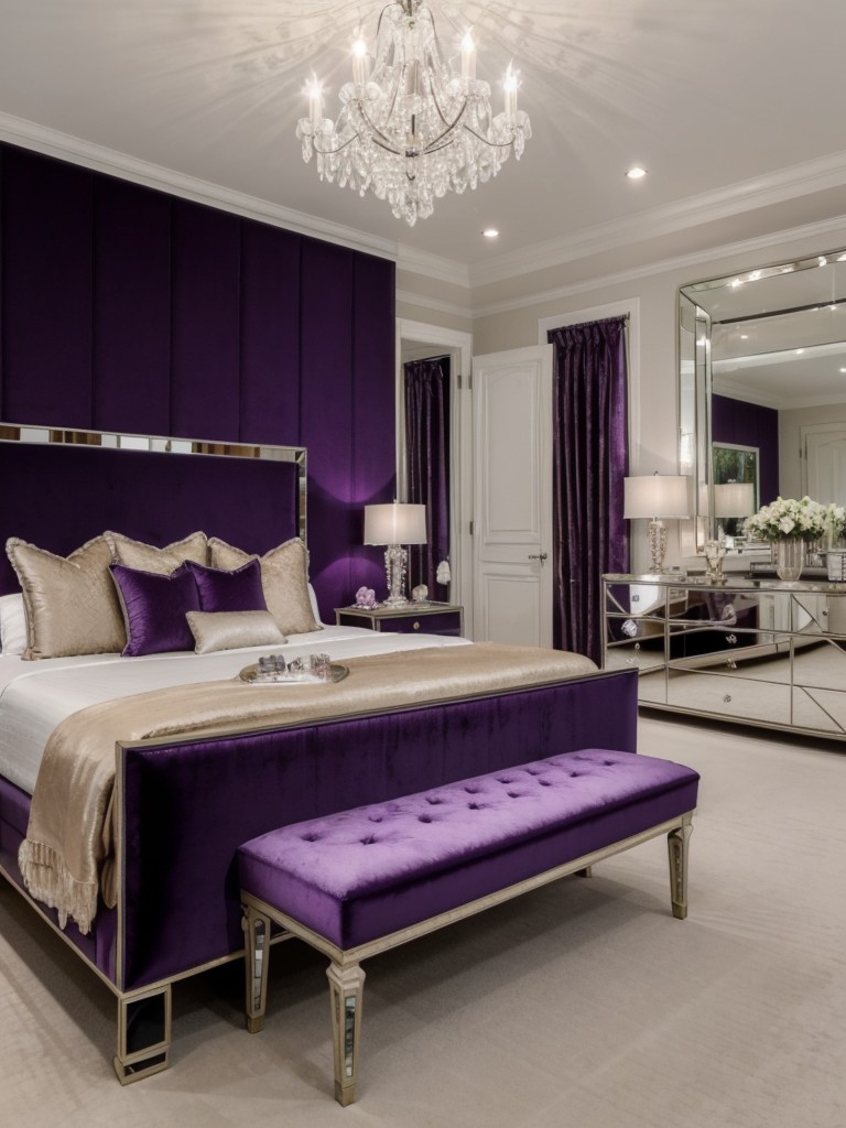 Glamorous Purple Bedroom: Mirrored Dresser, Crystal Chandelier & Velvet Bench!