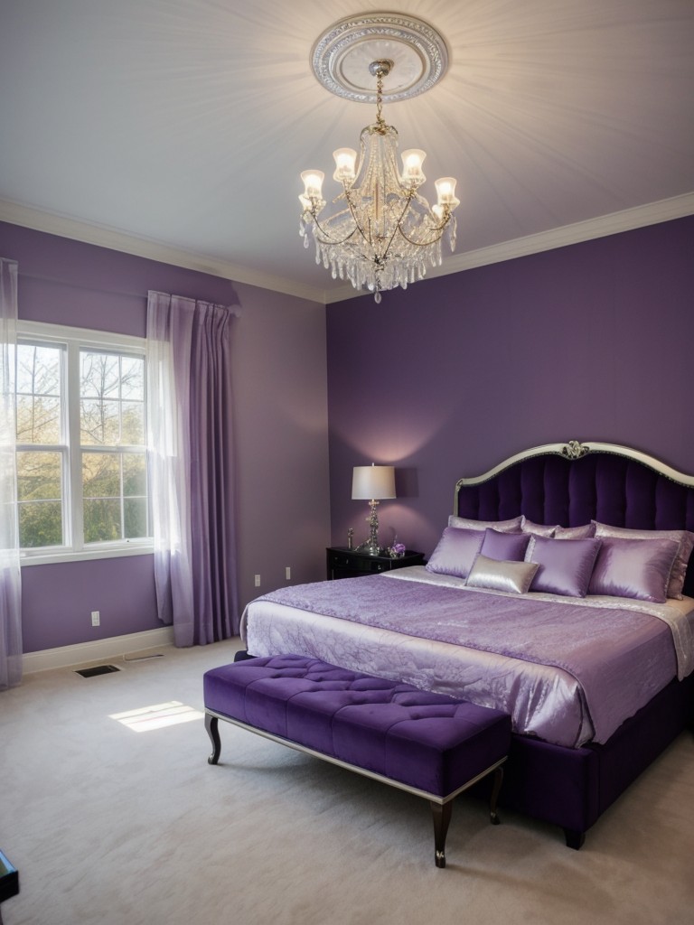 Glamorous Bedroom: Create a Purple Paradise with Crystal Chandelier