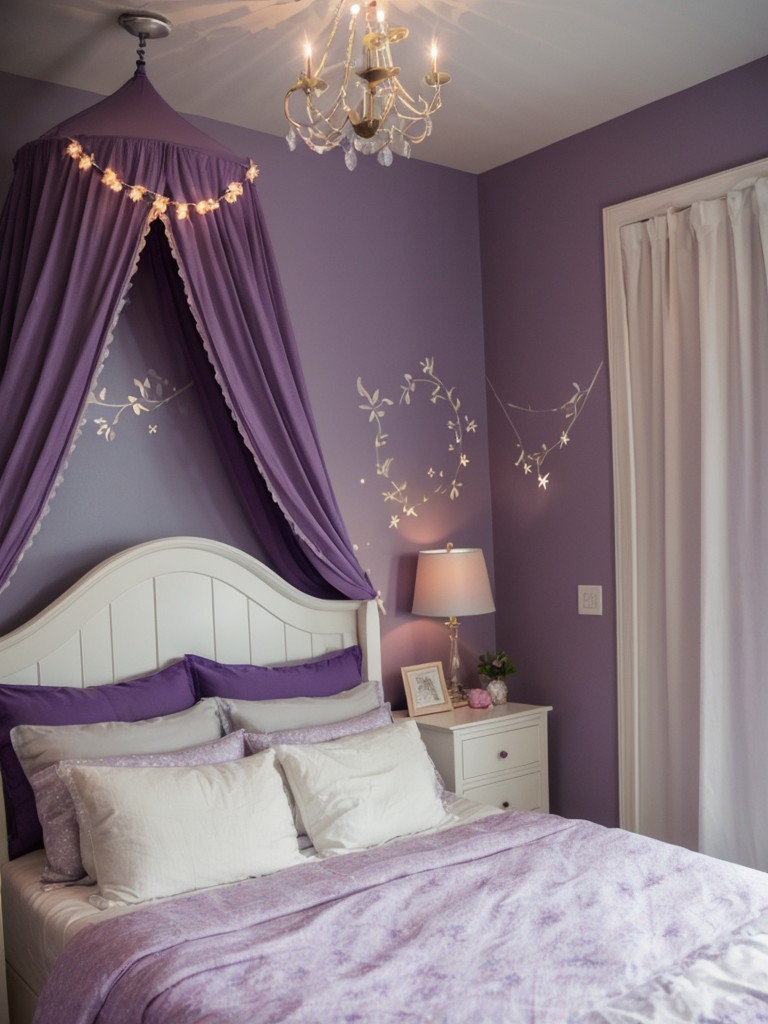 Whimsical Purple Bedroom: Canopy Bed, Fairy Lights & Wall Decals - Perfect Apartment Bliss!