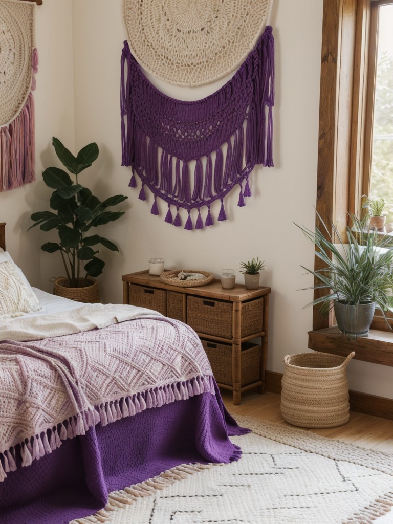 Purple Boho Apartment: Cozy Retreat with Macrame, Rattan, & Tapestry