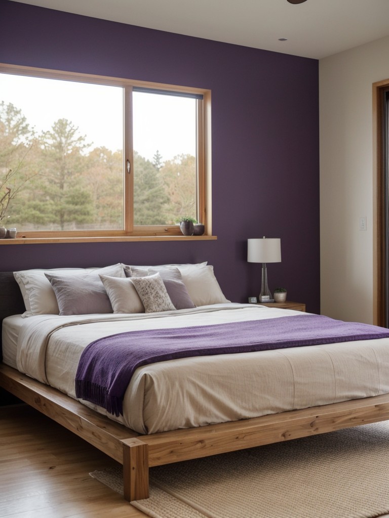 Cozy Purple Apartment: Zen-inspired bedroom with platform bed & peaceful rock garden