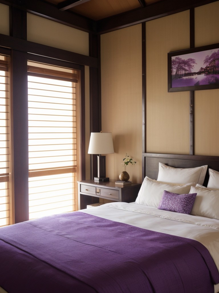 Zen-inspired Purple Bedroom: Low-profile Bed, Lanterns & Bamboo!