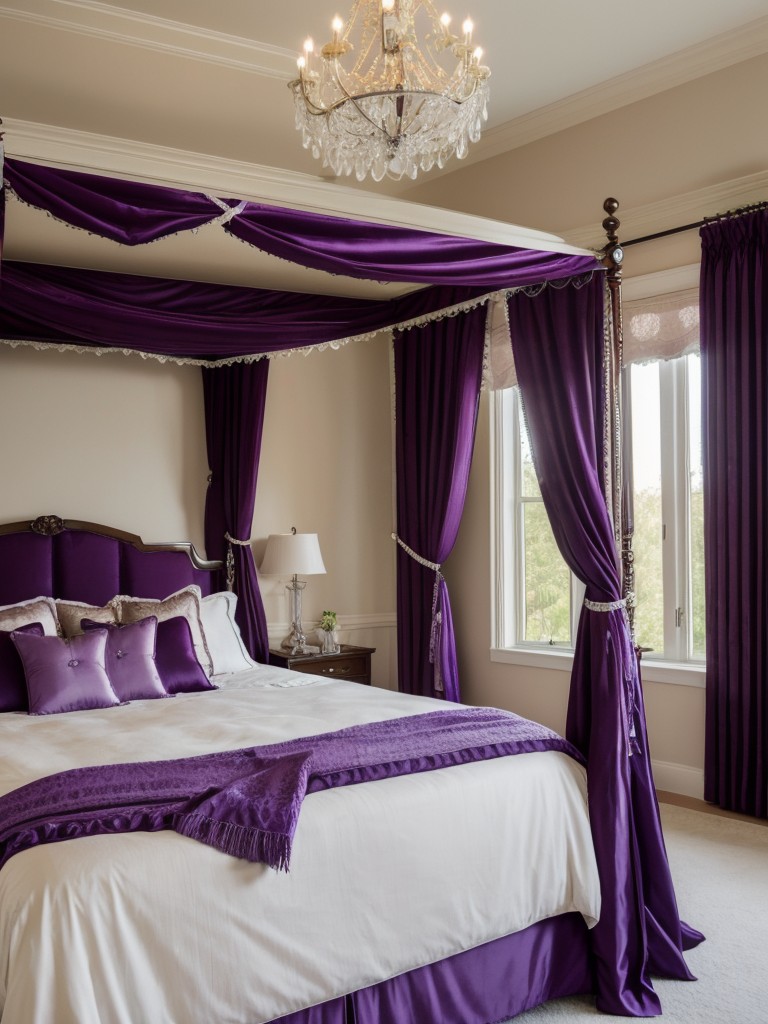 Luxurious Purple Bedroom: Canopy Bed, Drapes, Chandelier