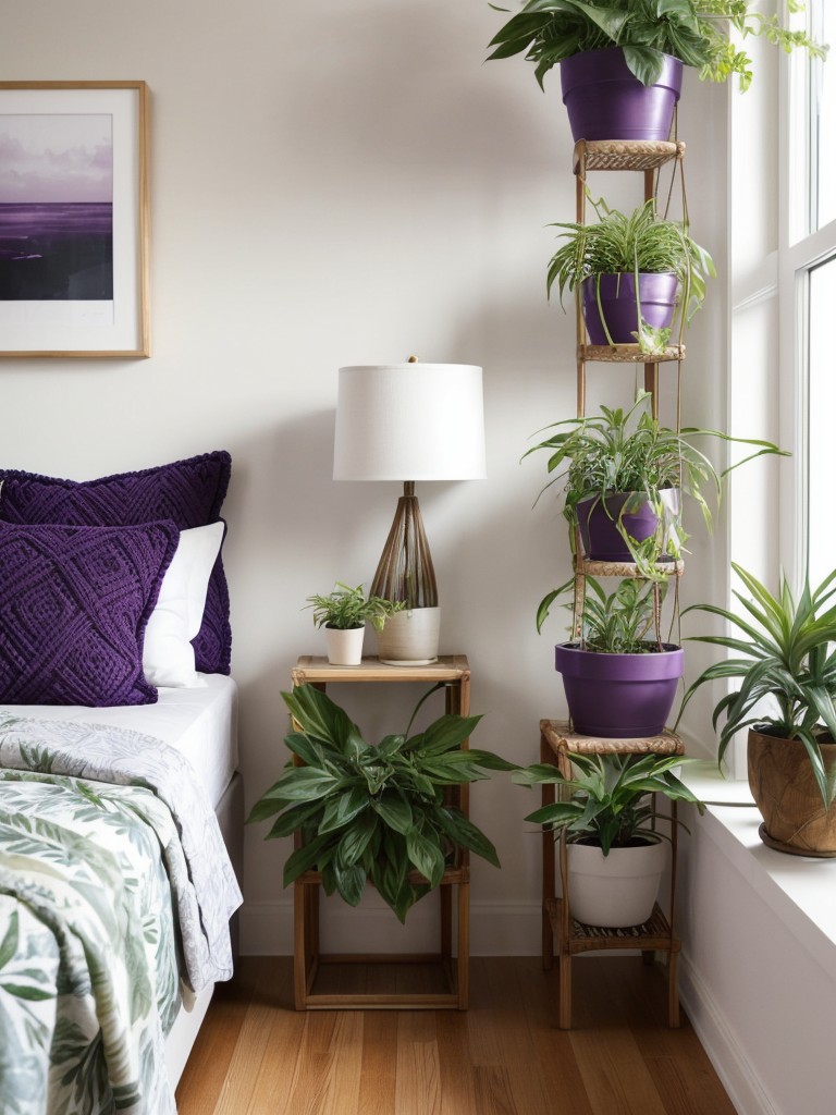 Tropical Vibes: Purple Bedroom Makeover with Green Houseplants