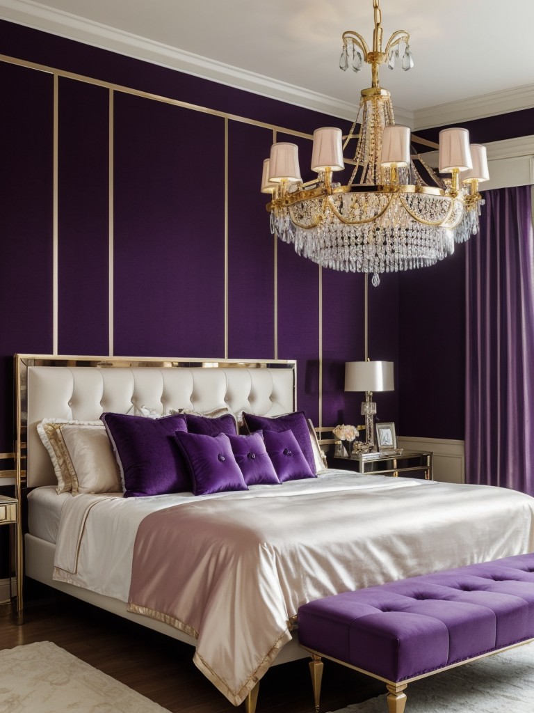 Elevate your bedroom with purple hues and glamorous lighting.