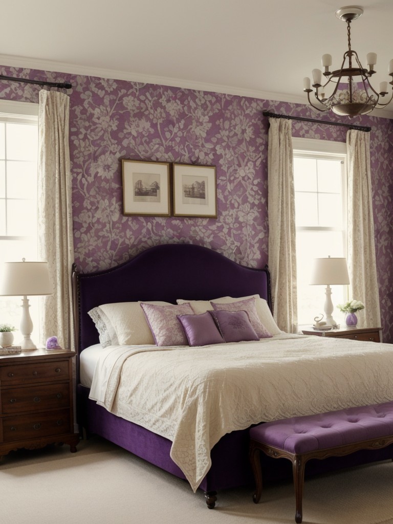 Vintage Purple Bedroom: Antique Furniture, Wallpaper, Lace Curtains